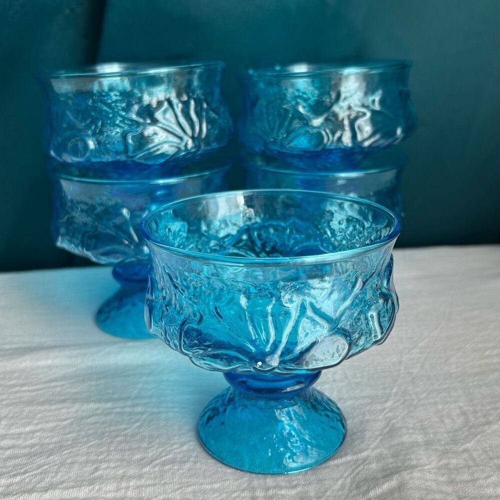 Rainflower Laser Blue Vintage anchor Hocking Champagne Tall Sherbet Set of 5